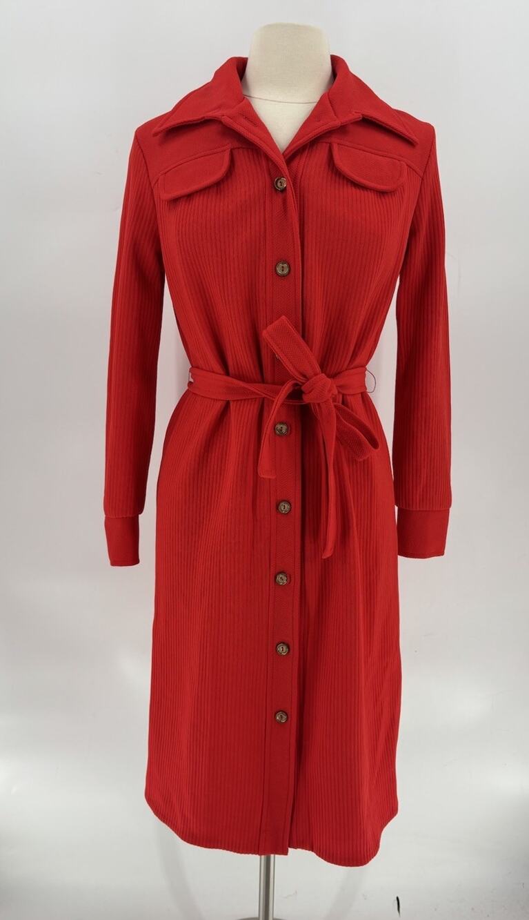 Vintage Paul of California Dress Womens Medium Red Belted Buttons 60s 70s Knit